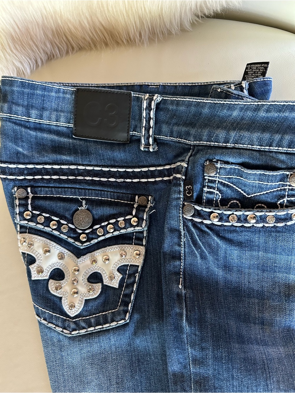 Embellished Dark Blue Boot Cut Jeans with White Trim